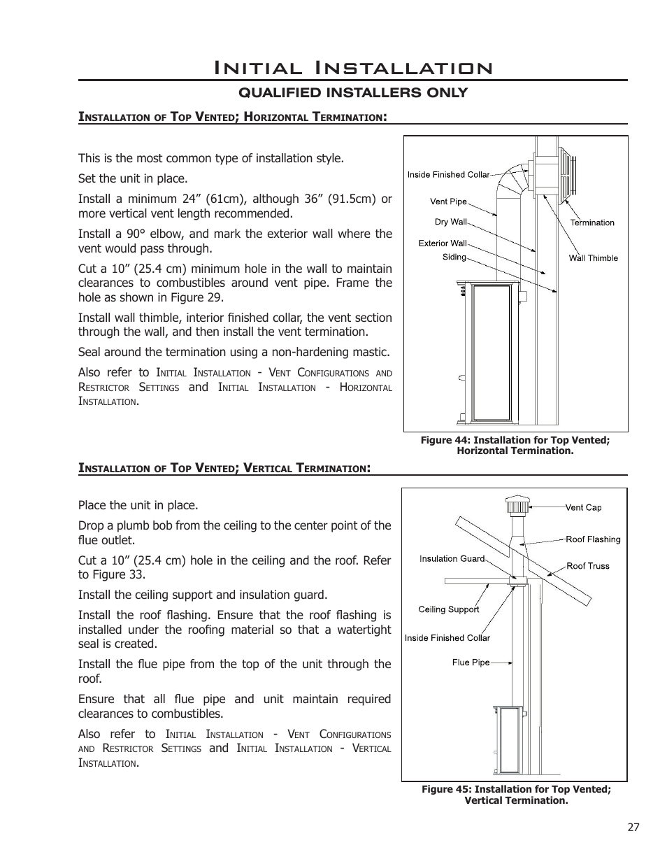 Installation of top vented; horizontal termination, Installation of top vented; vertical termination, Initial installation | Enviro ENVIRO User Manual | Page 27 / 42