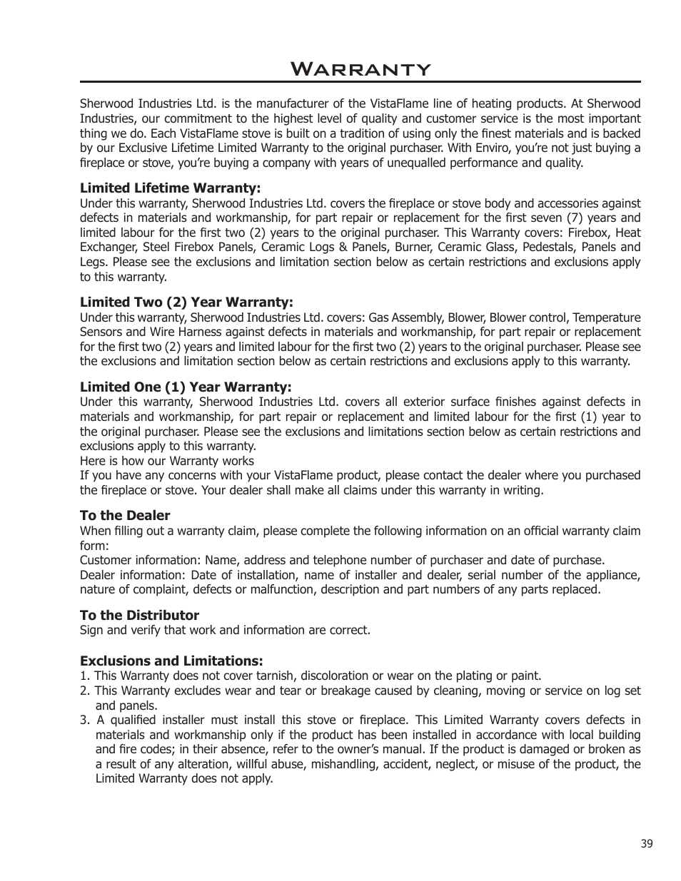 Warranty | Enviro ENVIRO User Manual | Page 39 / 42
