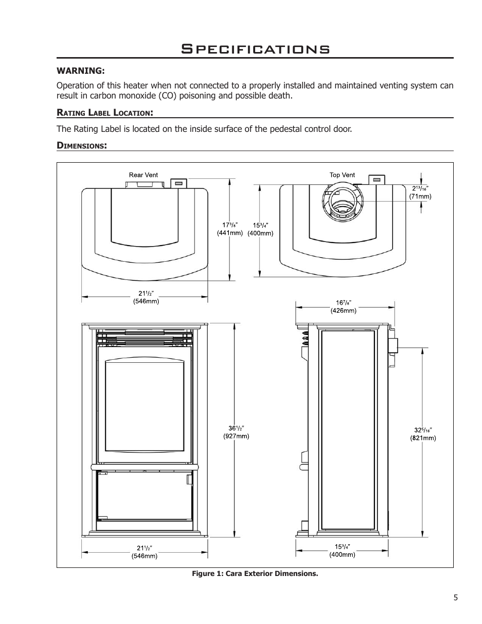 Specifications, Rating label location, Dimensions | Enviro ENVIRO User Manual | Page 5 / 42