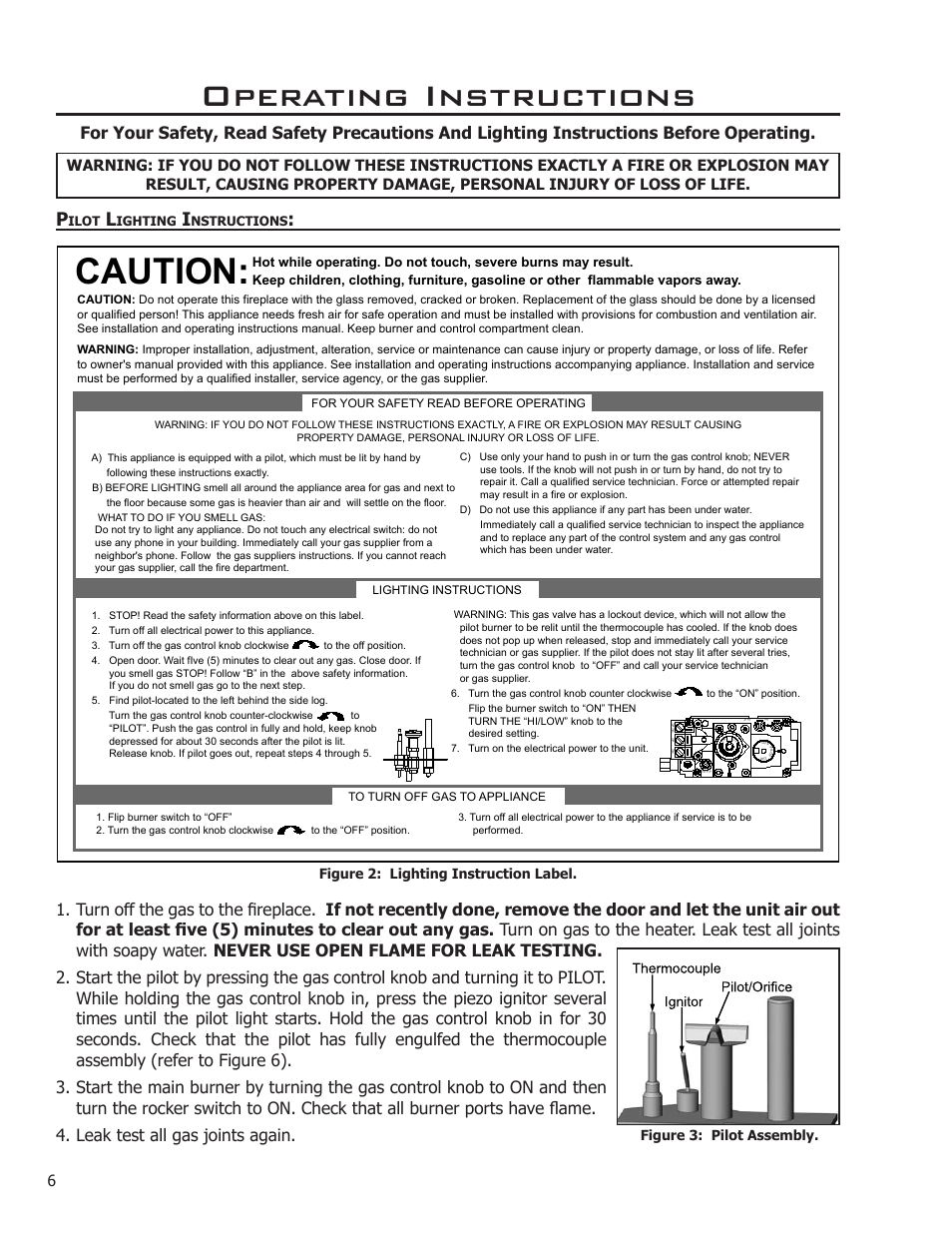 Operating instructions, Pilot lighting instructions, Caution | Enviro ENVIRO User Manual | Page 6 / 42