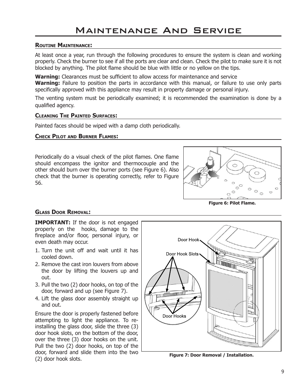 Maintenance and service, Routine maintenance, Cleaning the painted surfaces | Check pilot and burner flames, Glass door removal | Enviro ENVIRO User Manual | Page 9 / 42