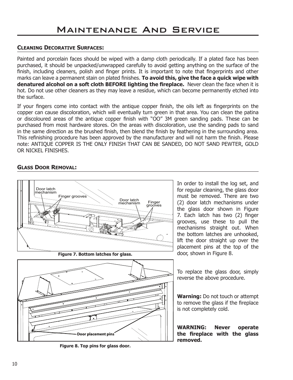 Cleaning decorative surfaces, Glass door removal, Maintenance and service | Enviro C-11275 User Manual | Page 10 / 42