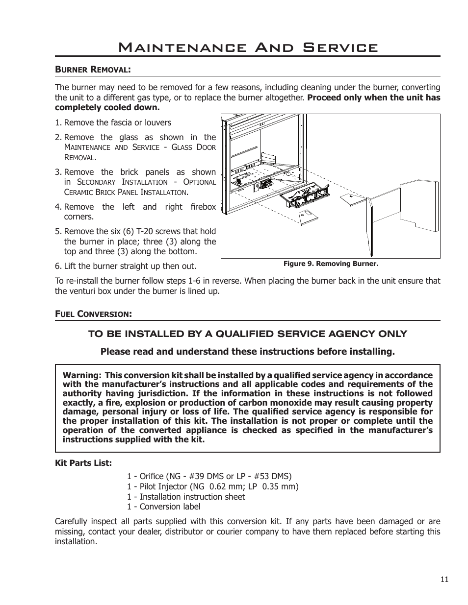 Burner removal, Fuel conversion, Maintenance and service | Enviro C-11275 User Manual | Page 11 / 42
