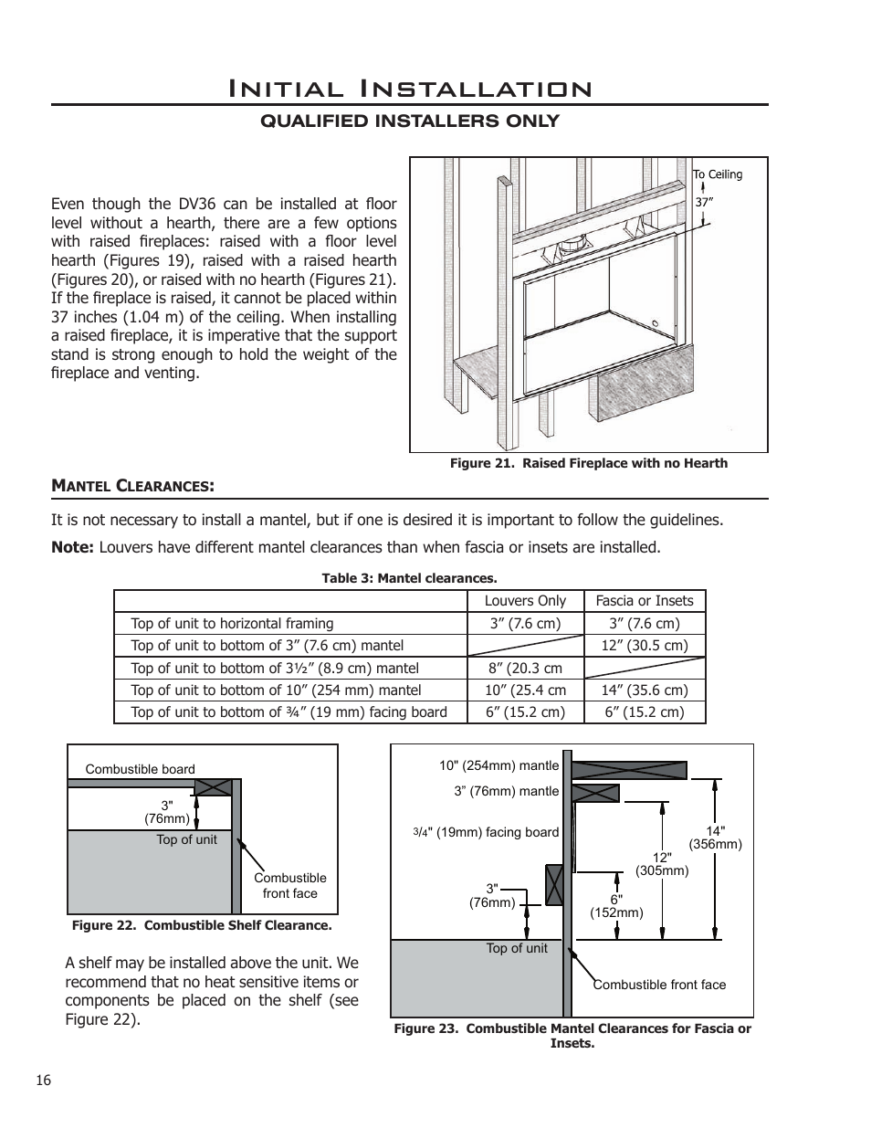 Mantel clearances, Initial installation | Enviro C-11275 User Manual | Page 16 / 42