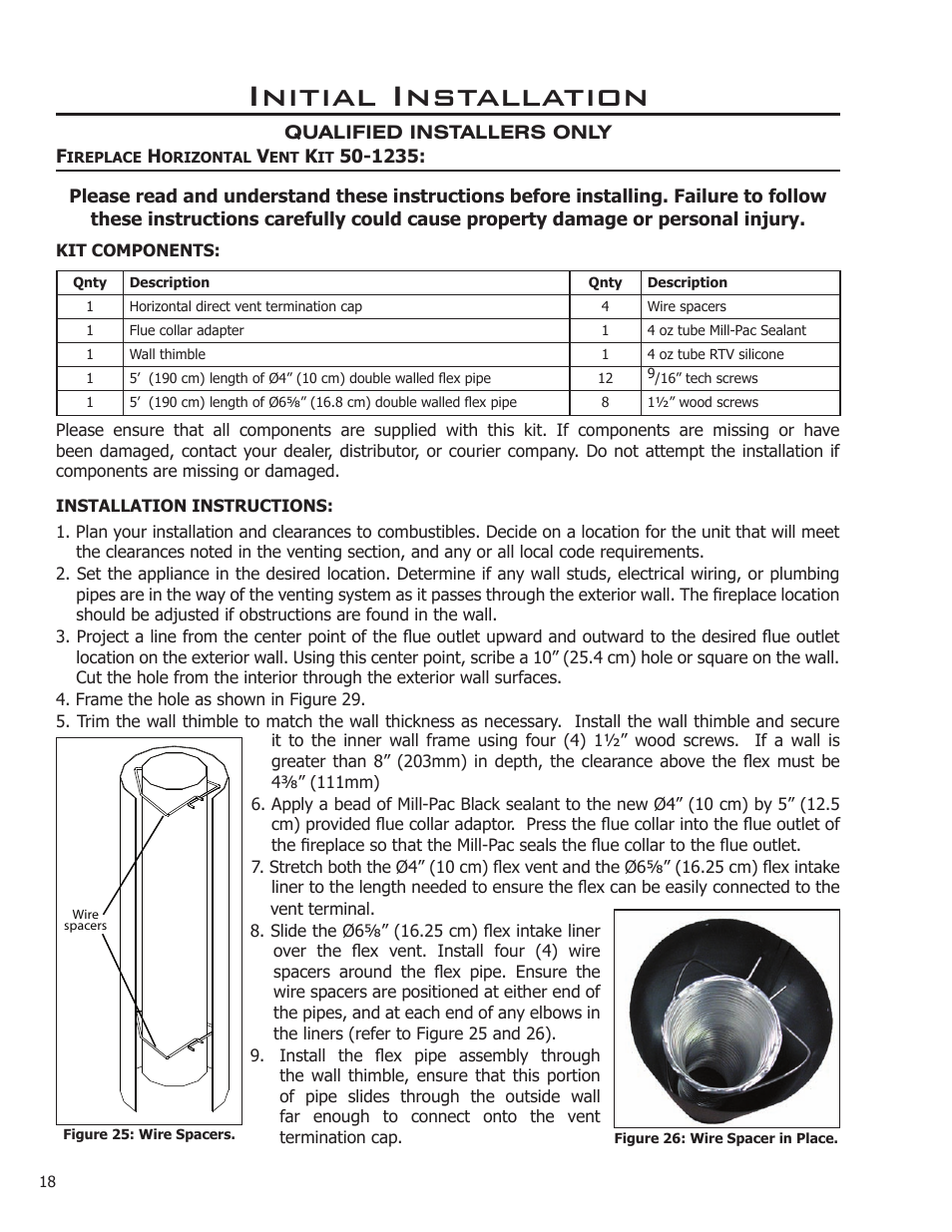 Fireplace horizontal vent kit 50-1235, Initial installation | Enviro C-11275 User Manual | Page 18 / 42