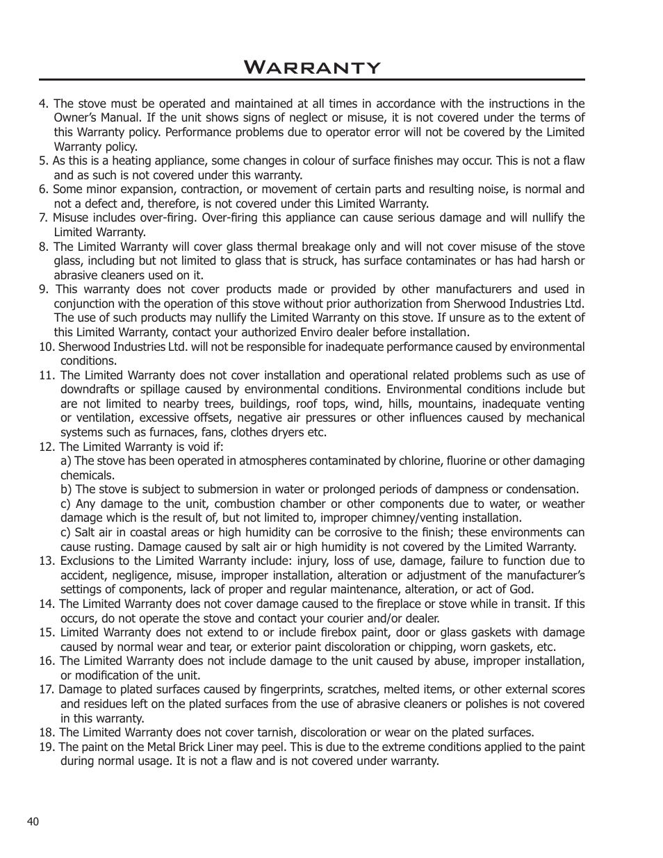 Warranty | Enviro C-11275 User Manual | Page 40 / 42