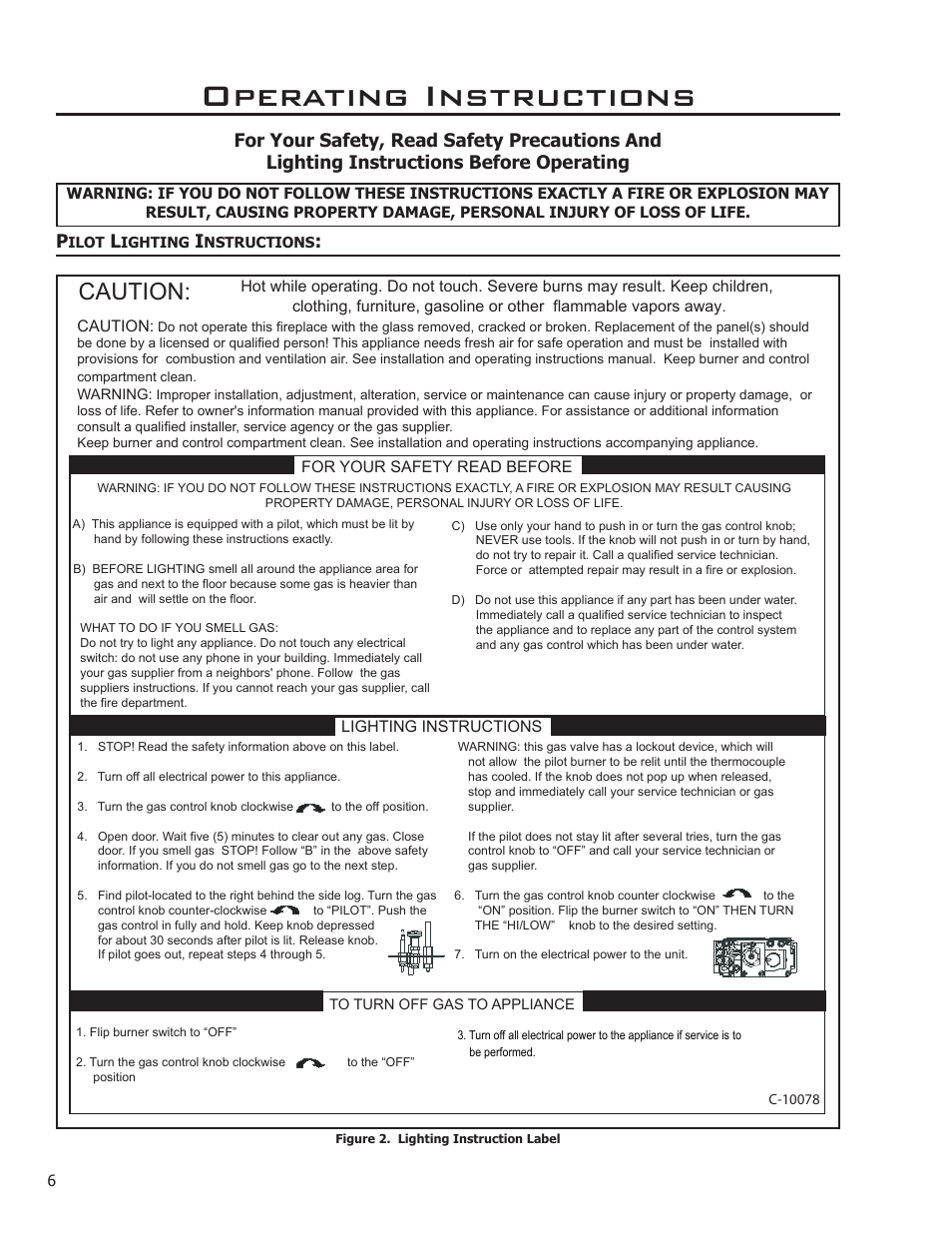 Operating instructions, Pilot lighting instructions, Caution | Enviro C-11275 User Manual | Page 6 / 42