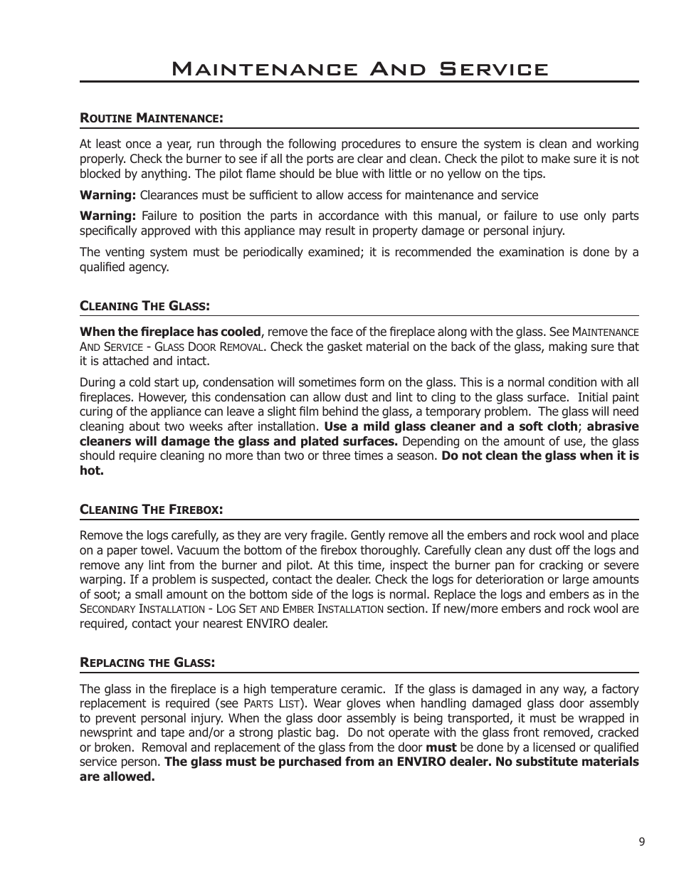 Maintenance and service, Routine maintenance, Cleaning the glass | Cleaning the firebox, Replacing the glass | Enviro C-11275 User Manual | Page 9 / 42