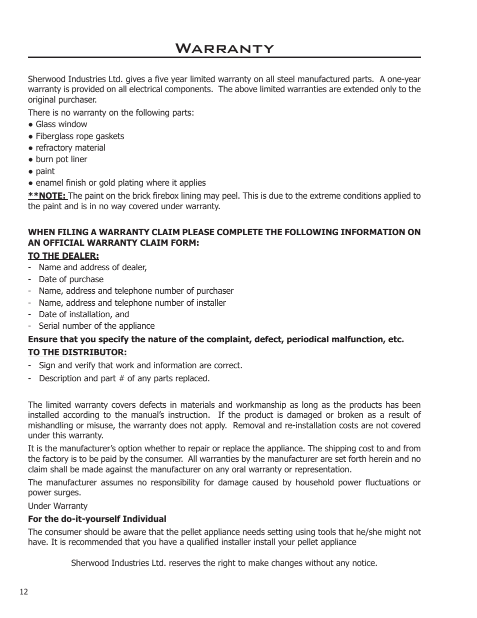 Warranty | Enviro C-11114 User Manual | Page 12 / 13