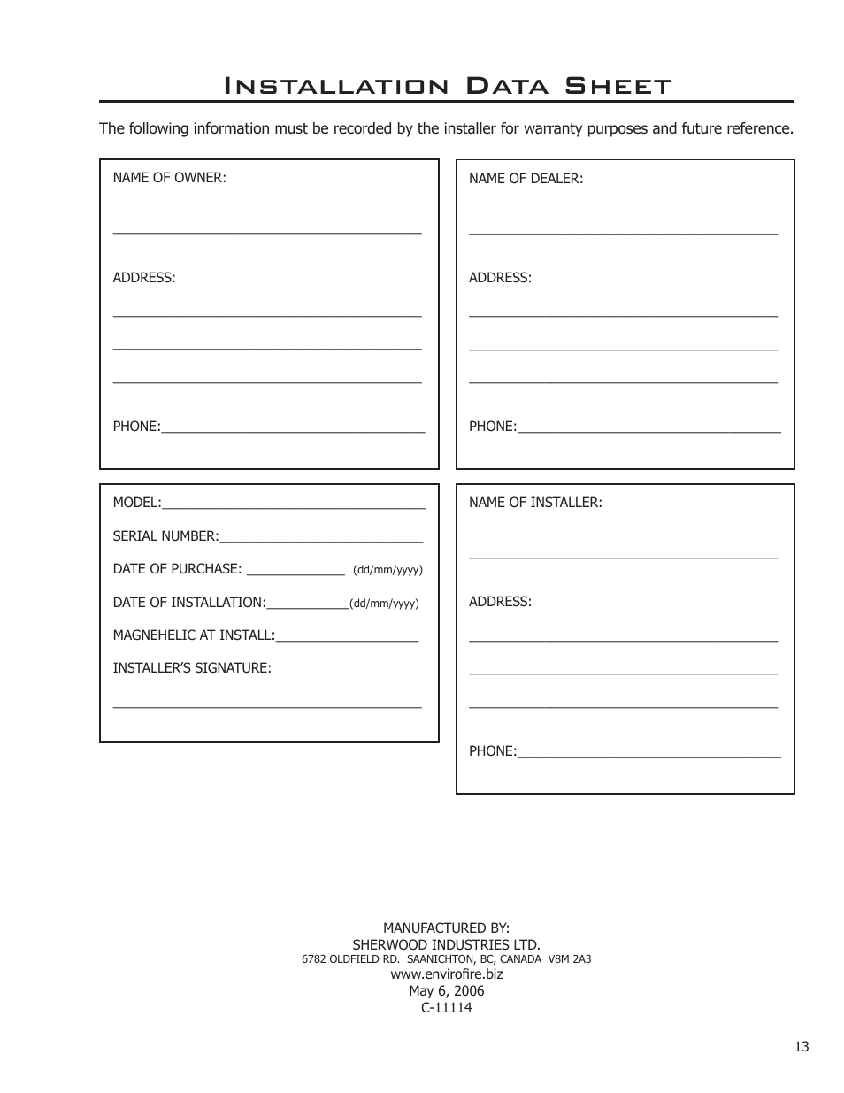 Installation data sheet | Enviro C-11114 User Manual | Page 13 / 13