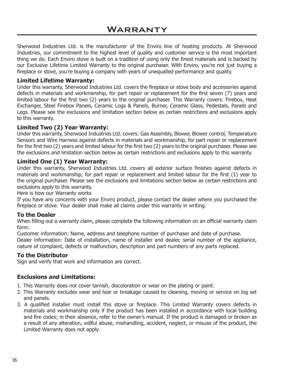 Warranty | Enviro EG28-120 User Manual | Page 36 / 39