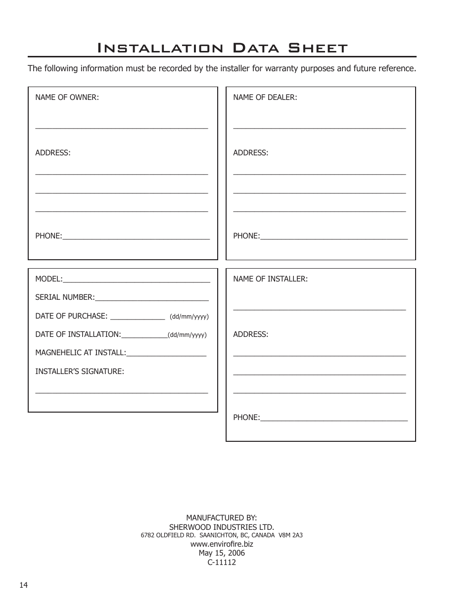 Installation data sheet | Enviro C-11112 User Manual | Page 14 / 14