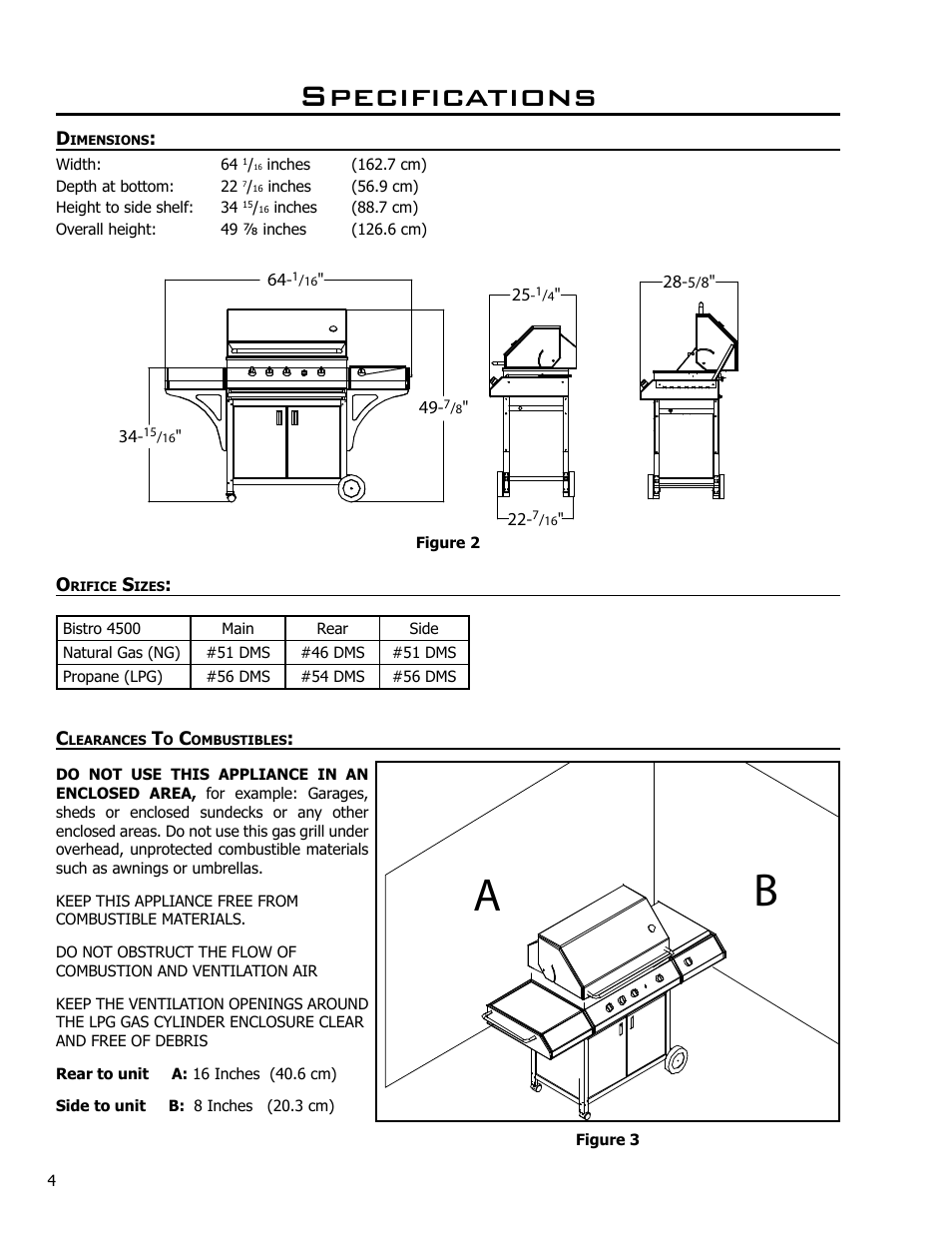 Specifications, Dimensions, Orifice sizes | Clearances to combustibles | Enviro Bistro 4500 C-10124 User Manual | Page 4 / 30