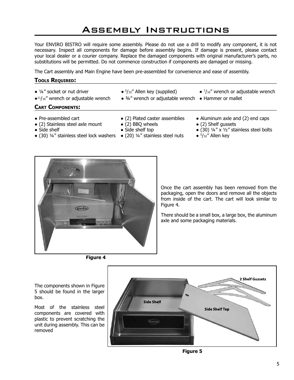 Assembly instructions, Tools required, Cart components | Enviro Bistro 4500 C-10124 User Manual | Page 5 / 30