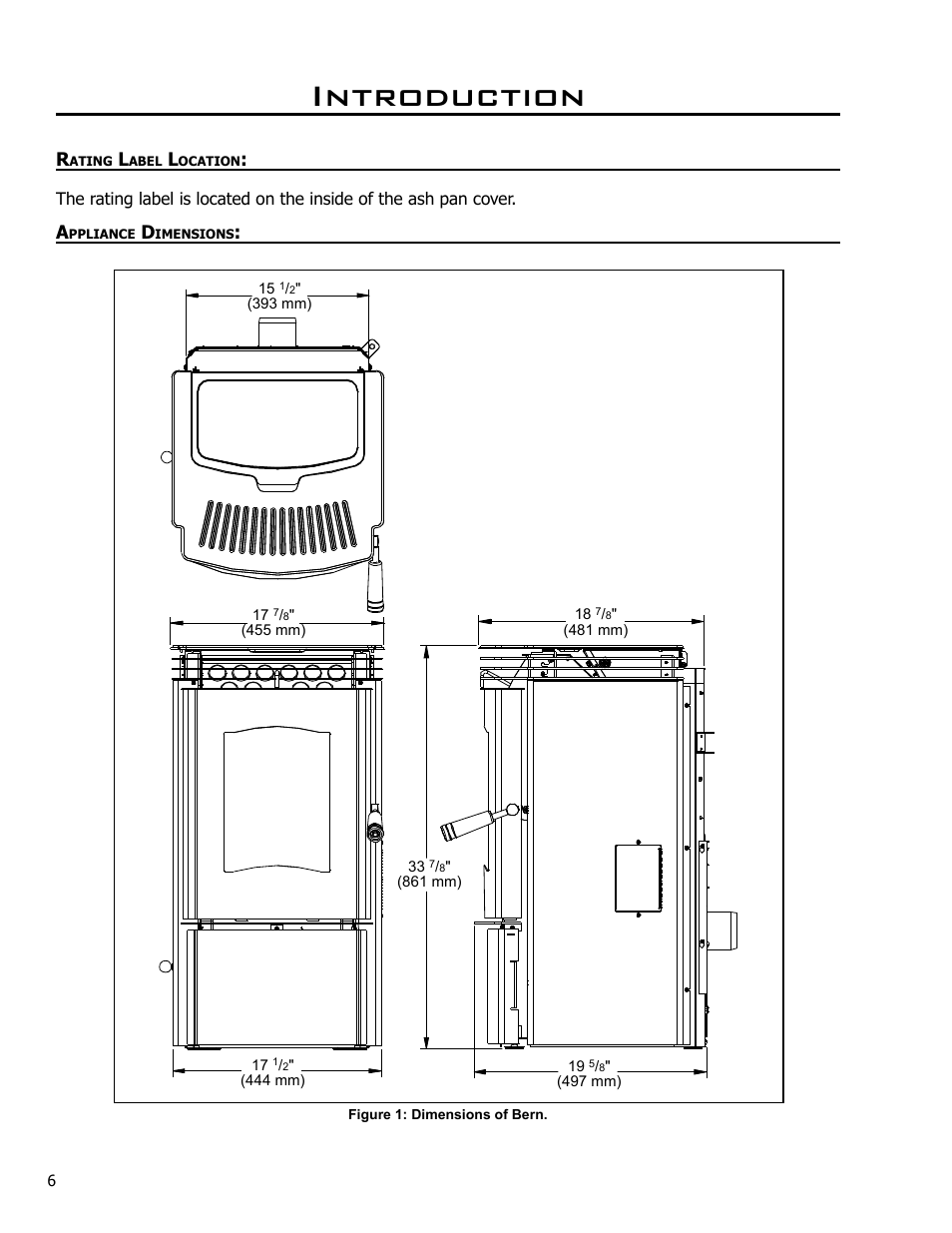 Rating label location, Appliance dimensions, Introduction | Enviro BERN C-10629 User Manual | Page 6 / 14