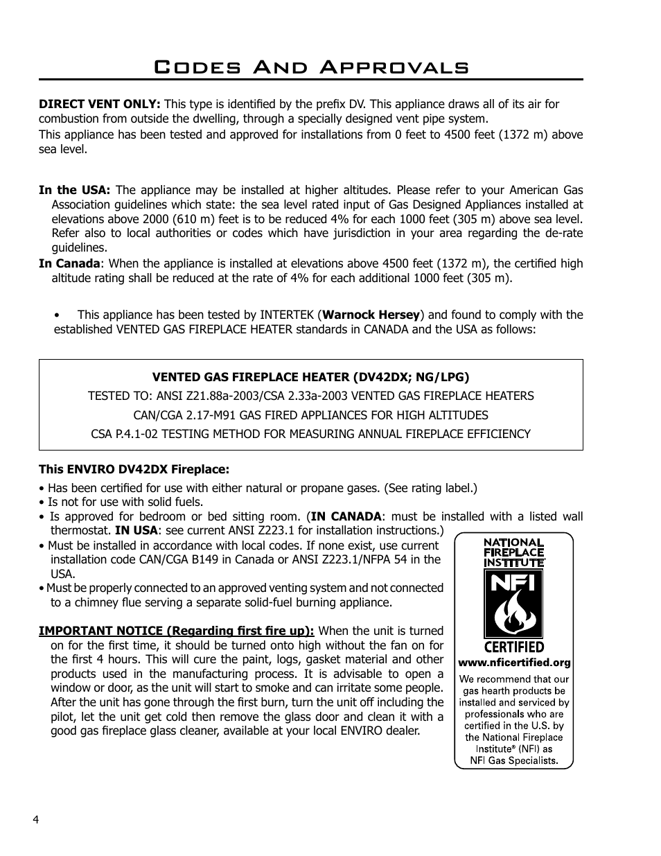 Codes and approvals | Enviro DV42DX User Manual | Page 4 / 42