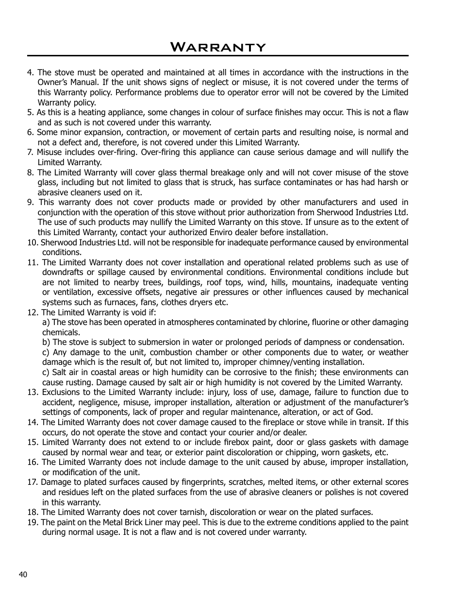 Warranty | Enviro DV42DX User Manual | Page 40 / 42