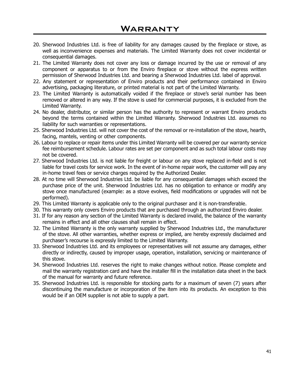 Warranty | Enviro DV42DX User Manual | Page 41 / 42