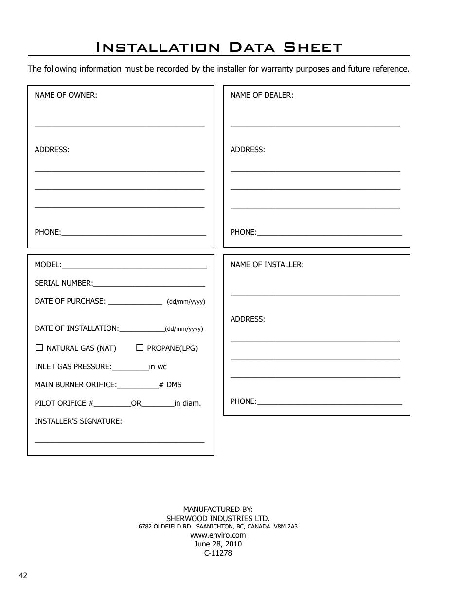 Installation data sheet | Enviro DV42DX User Manual | Page 42 / 42
