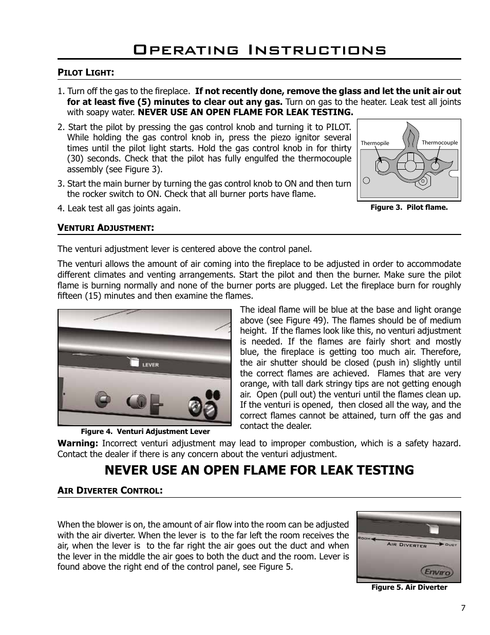 Operating instructions, Never use an open flame for leak testing | Enviro DV42DX User Manual | Page 7 / 42