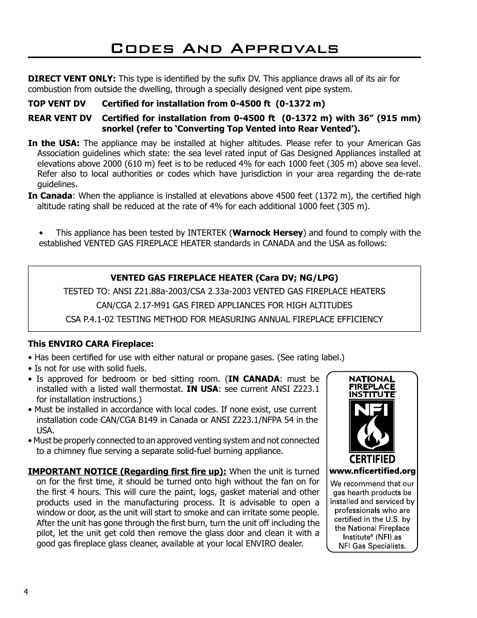 Codes and approvals | Enviro Cara User Manual | Page 4 / 46