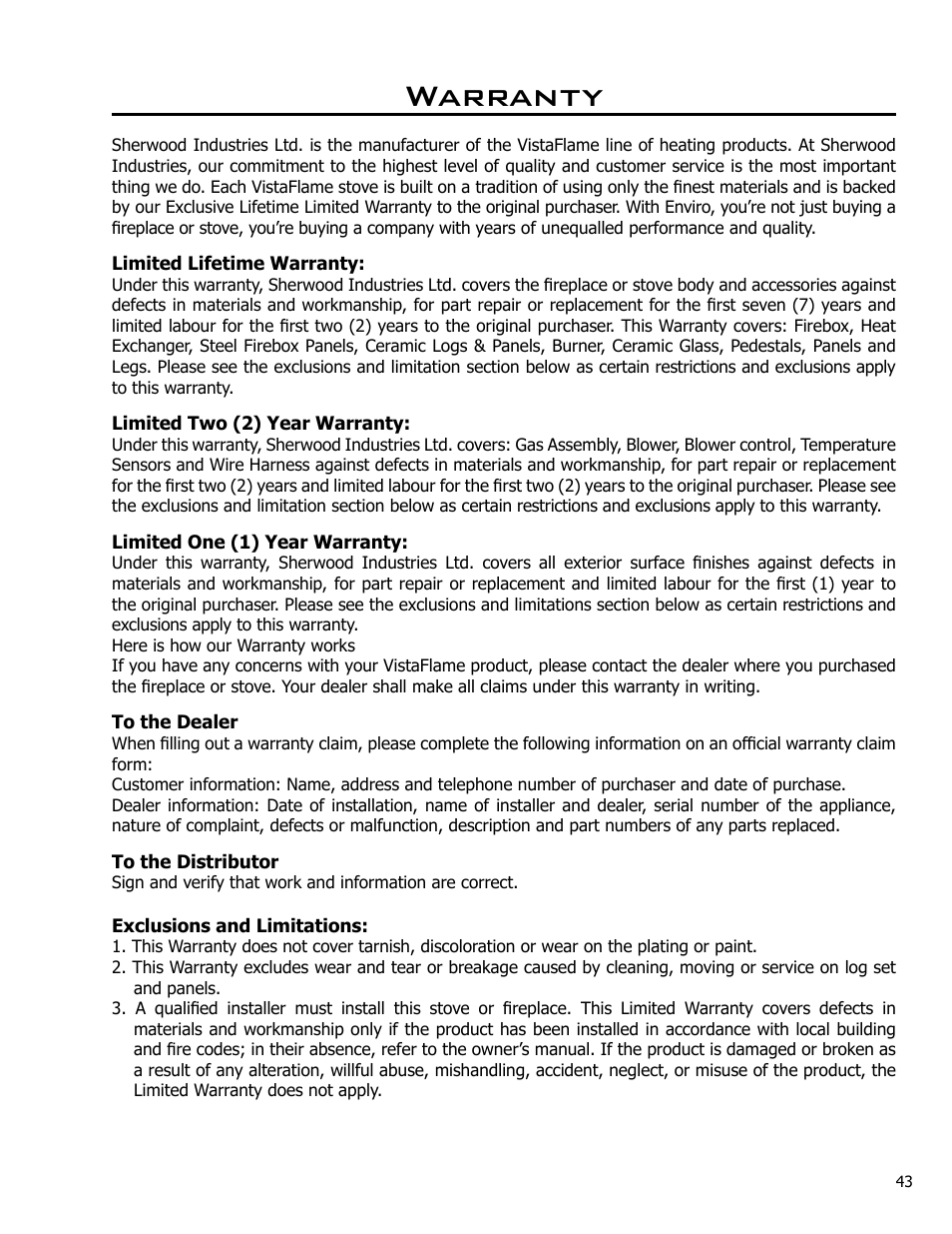 Warranty | Enviro Cara User Manual | Page 43 / 46