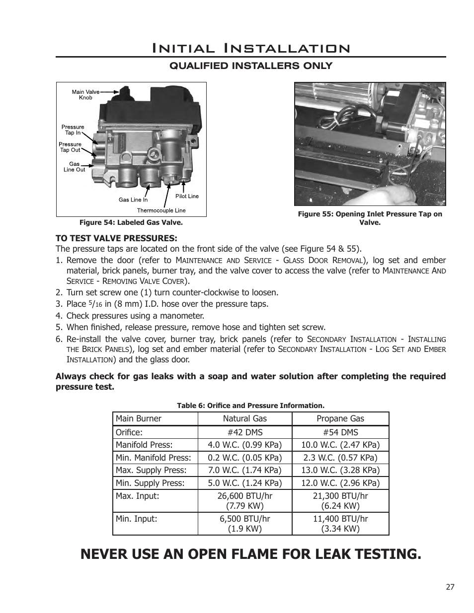 Initial installation, Never use an open flame for leak testing | Enviro C-11089 User Manual | Page 27 / 44