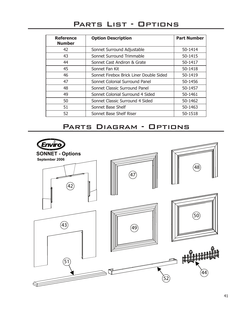 Parts diagram - options, Parts list - options | Enviro C-11089 User Manual | Page 41 / 44