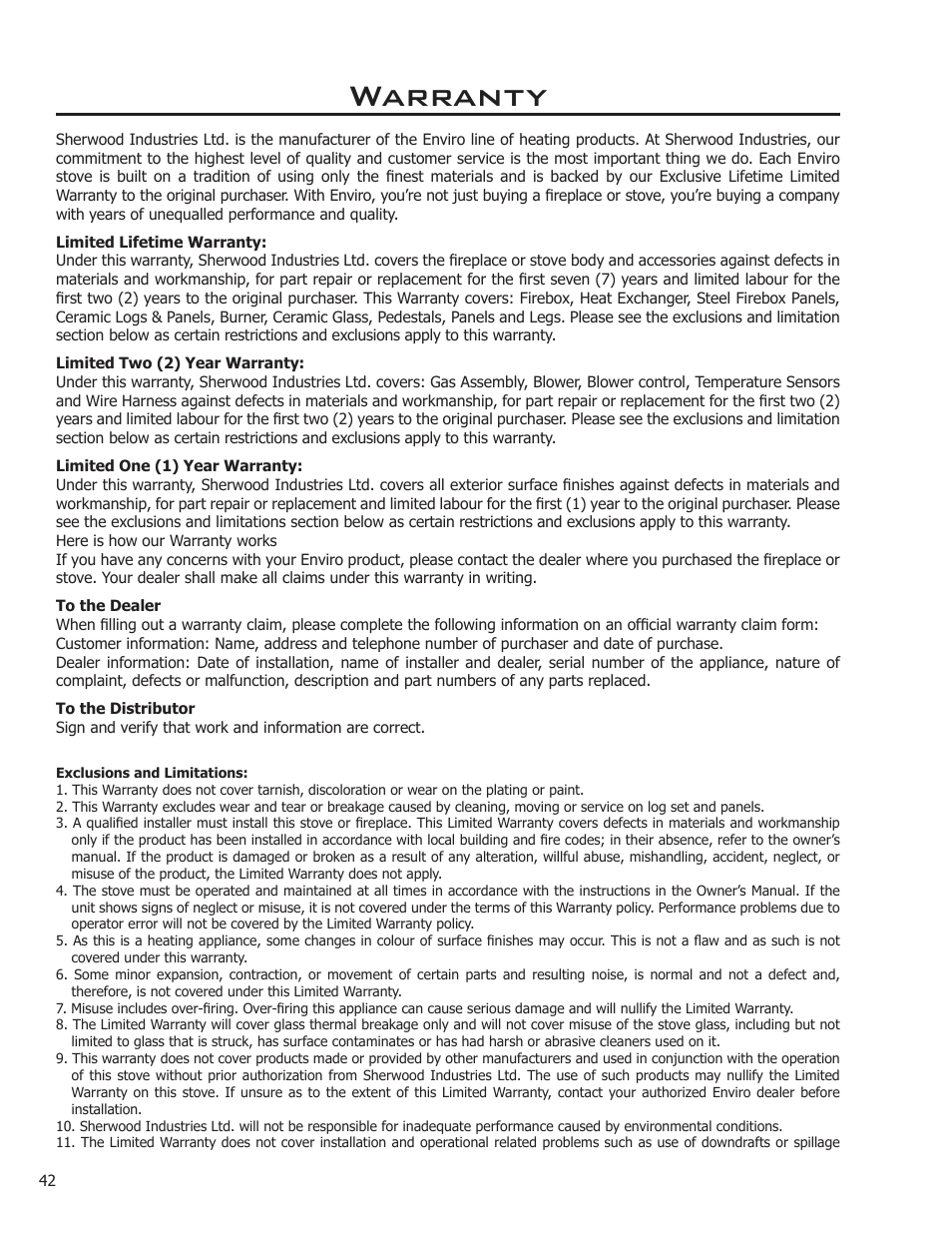 Warranty | Enviro C-11089 User Manual | Page 42 / 44