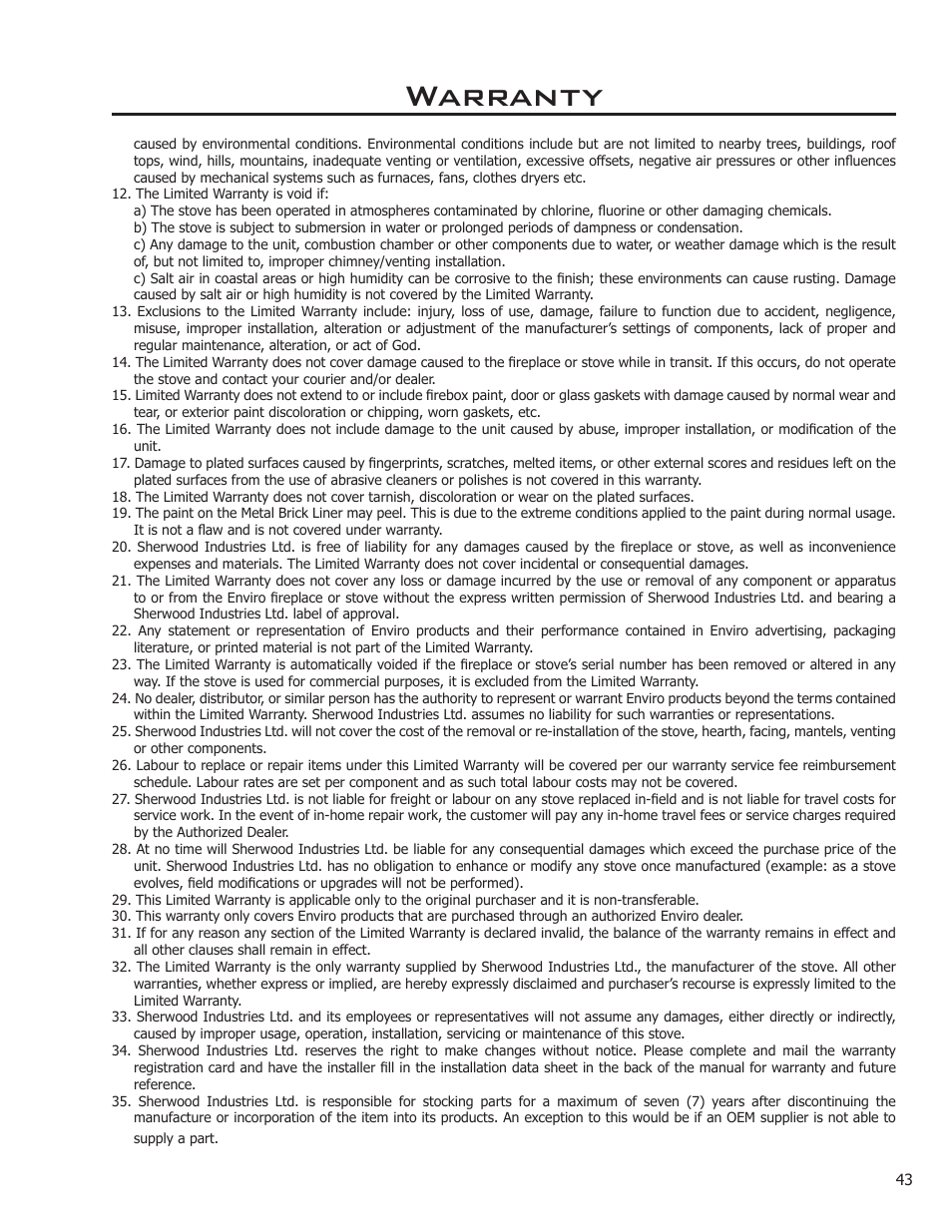 Warranty | Enviro C-11089 User Manual | Page 43 / 44