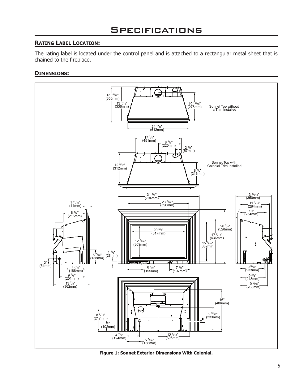 Specifications, Ating, Abel | Ocation, Imensions, Figure 1: sonnet exterior dimensions with colonial | Enviro C-11089 User Manual | Page 5 / 44