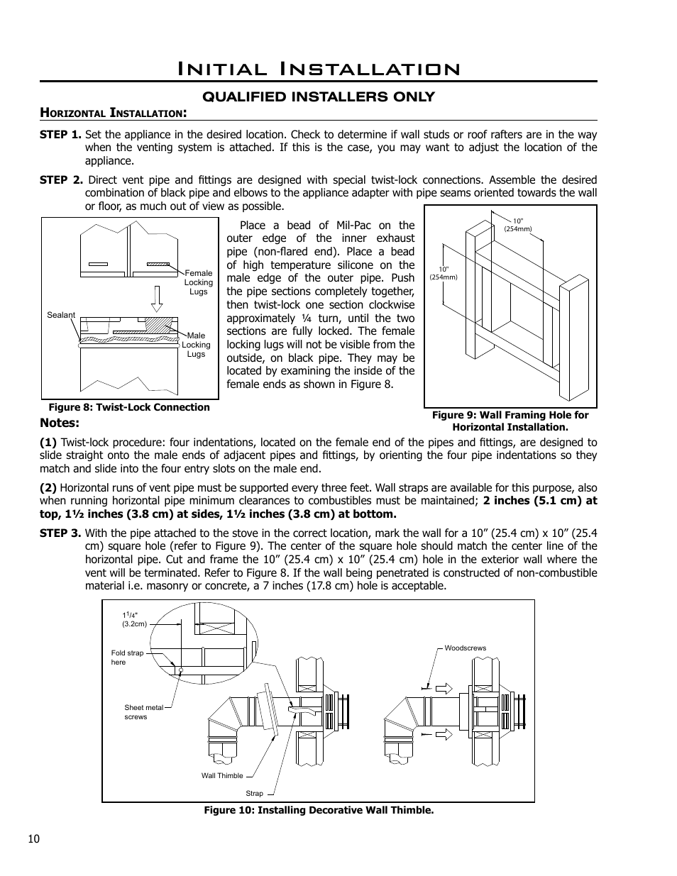 Horizontal installation, Initial installation, Qualified installers only | Enviro C-10365 User Manual | Page 10 / 33