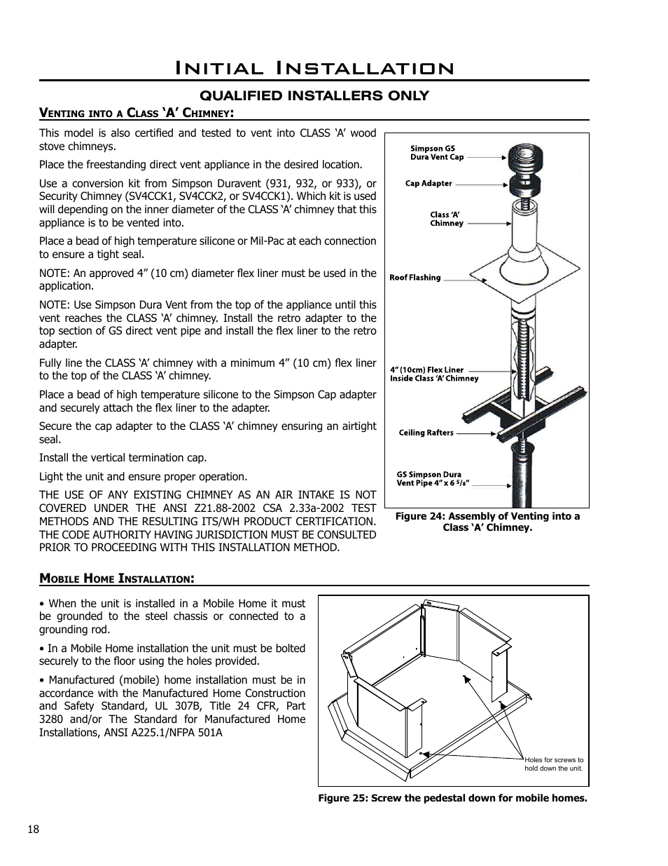 Venting into a class ‘a’ chimney, Mobile home installation, Initial installation | Enviro C-10365 User Manual | Page 18 / 33