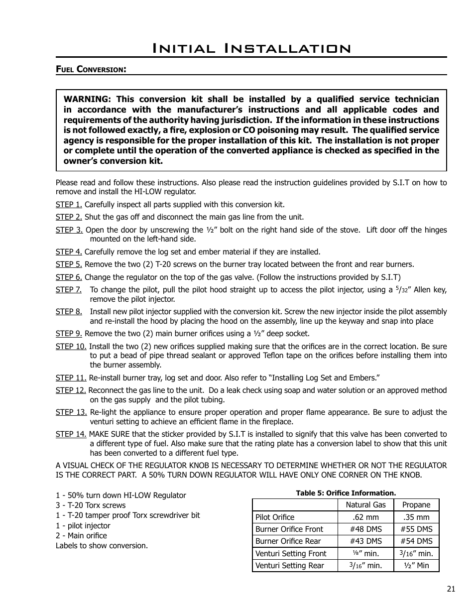 Fuel conversion, Initial installation | Enviro C-10365 User Manual | Page 21 / 33