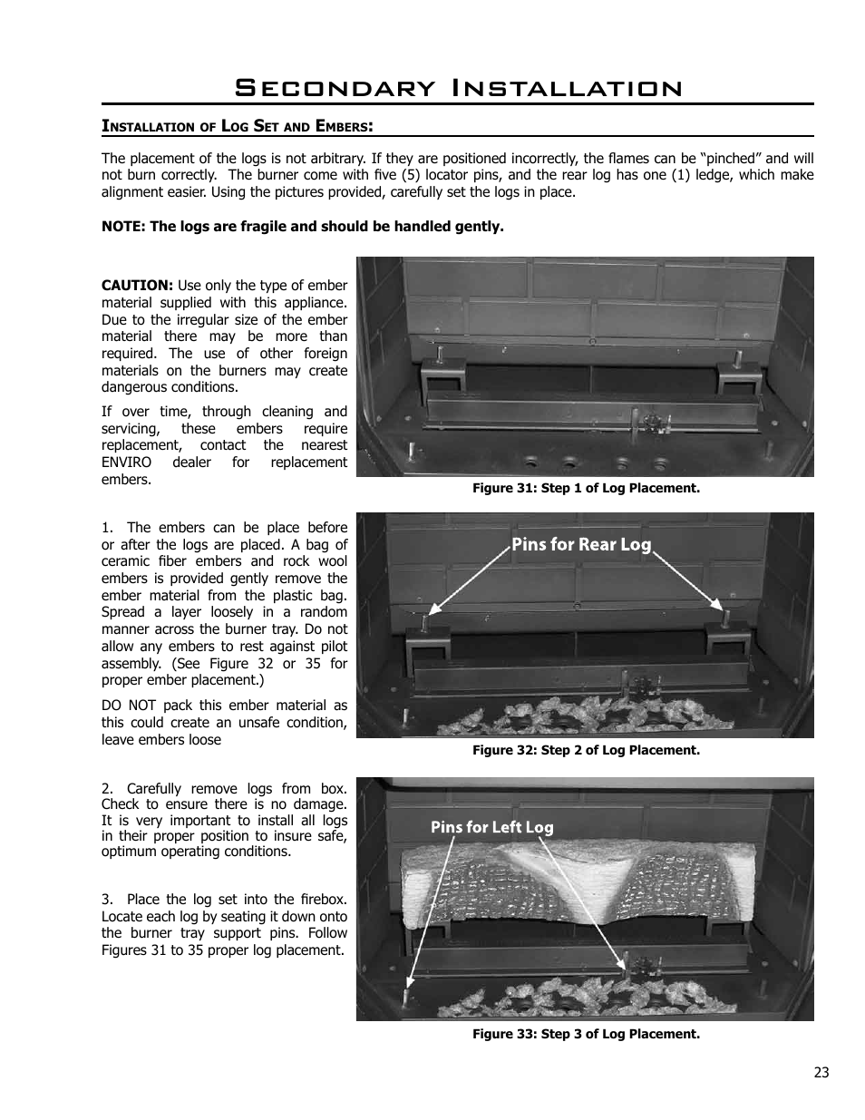 Secondary installation, Installation of log set and embers | Enviro C-10365 User Manual | Page 23 / 33