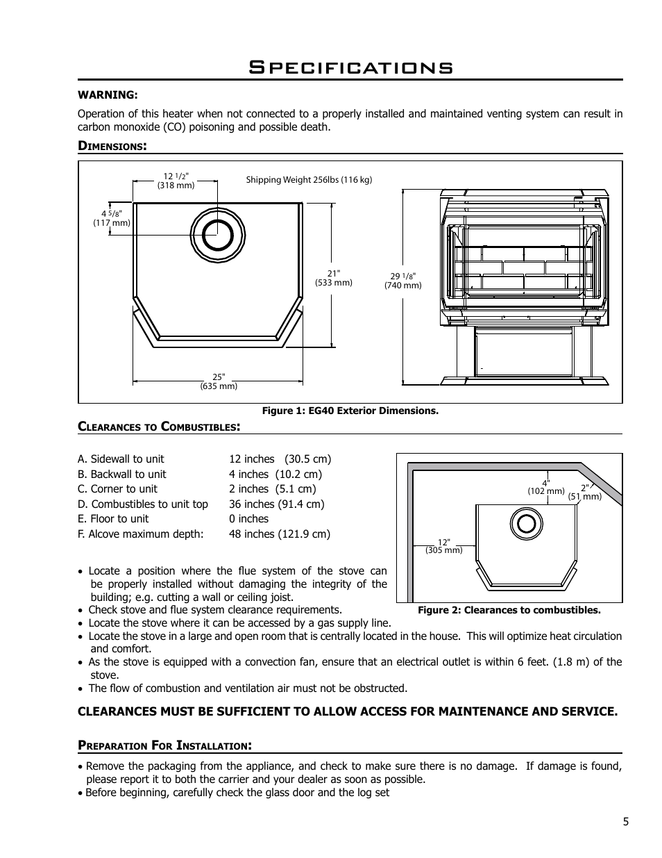 Specifications, Dimensions, Clearances to combustibles | Preparation for installation | Enviro C-10365 User Manual | Page 5 / 33