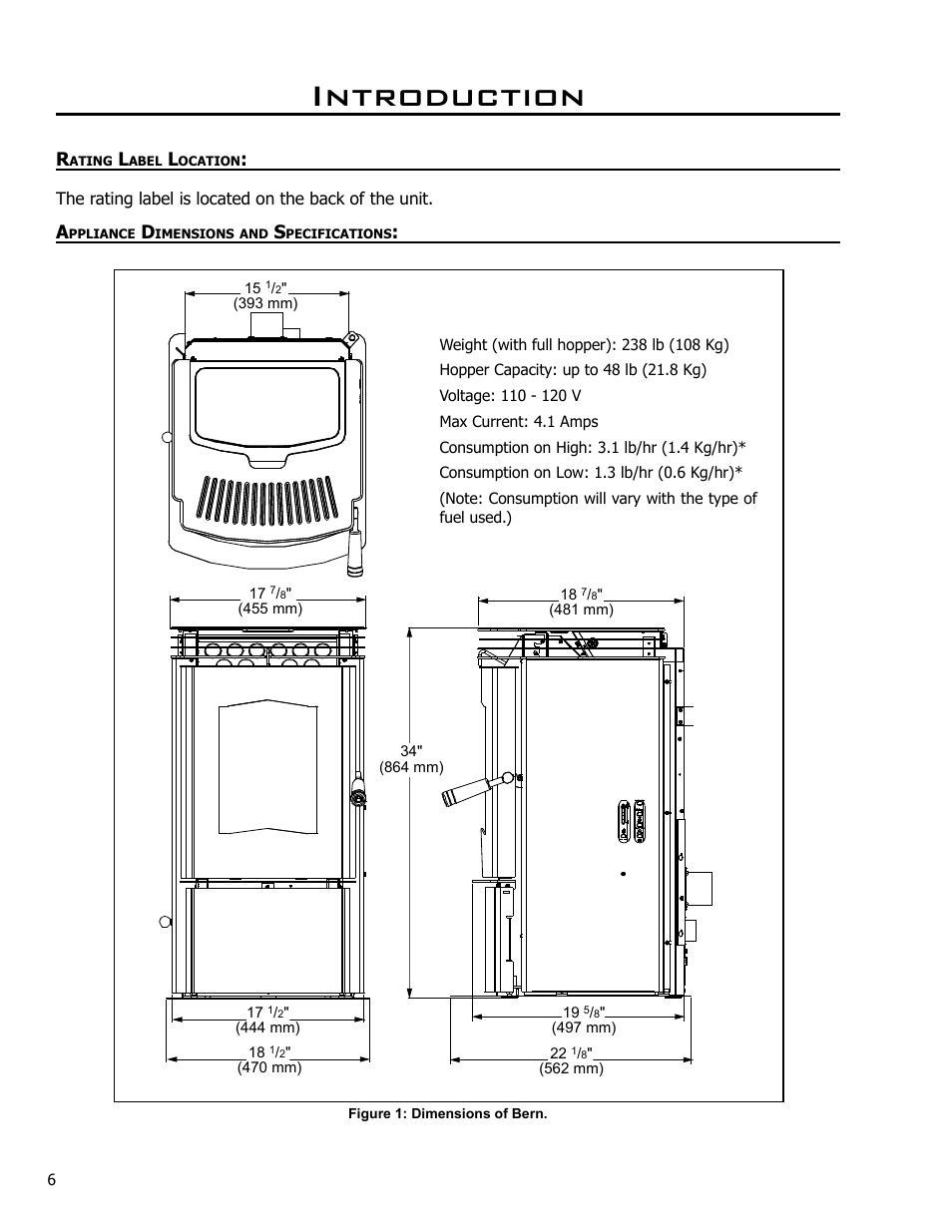 Rating label location, Appliance dimensions, Appliance dimensions and specifications | Introduction | Enviro C-10984 User Manual | Page 6 / 14