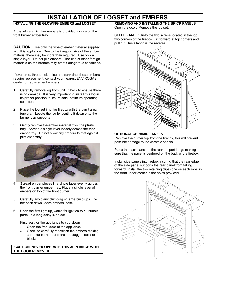 Installation of logset and embers, Installing the glowing embers and logset, Removing and installing the brick panels | Enviro EG 33 User Manual | Page 14 / 22
