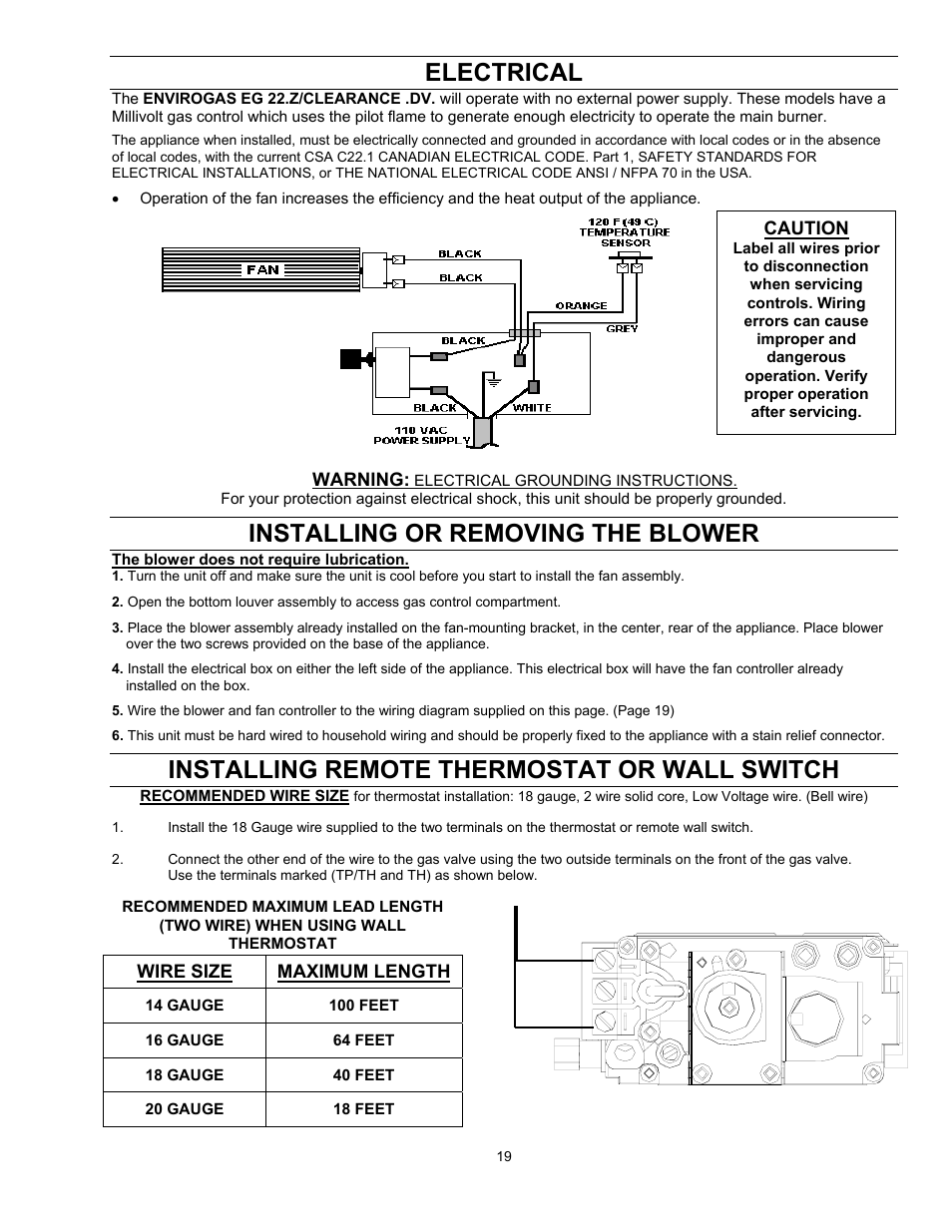 Electrical, Installing or removing the blower, The blower does not require lubrication | Installing remote thermostat or wall switch, Warning, Wire size maximum length, Caution | Enviro EG 33 User Manual | Page 19 / 22