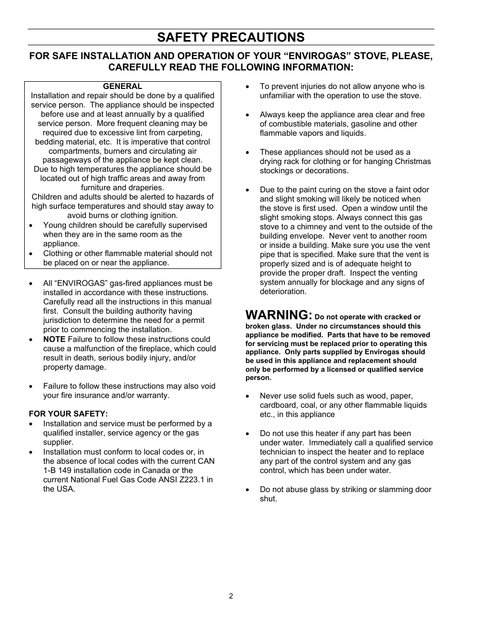 Safety precautions, For safe installation and operation of your “envi, Warning | Enviro EG 33 User Manual | Page 2 / 22