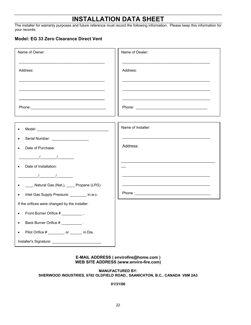 Installation data sheet, Model: eg 33 zero clearance direct vent | Enviro EG 33 User Manual | Page 22 / 22