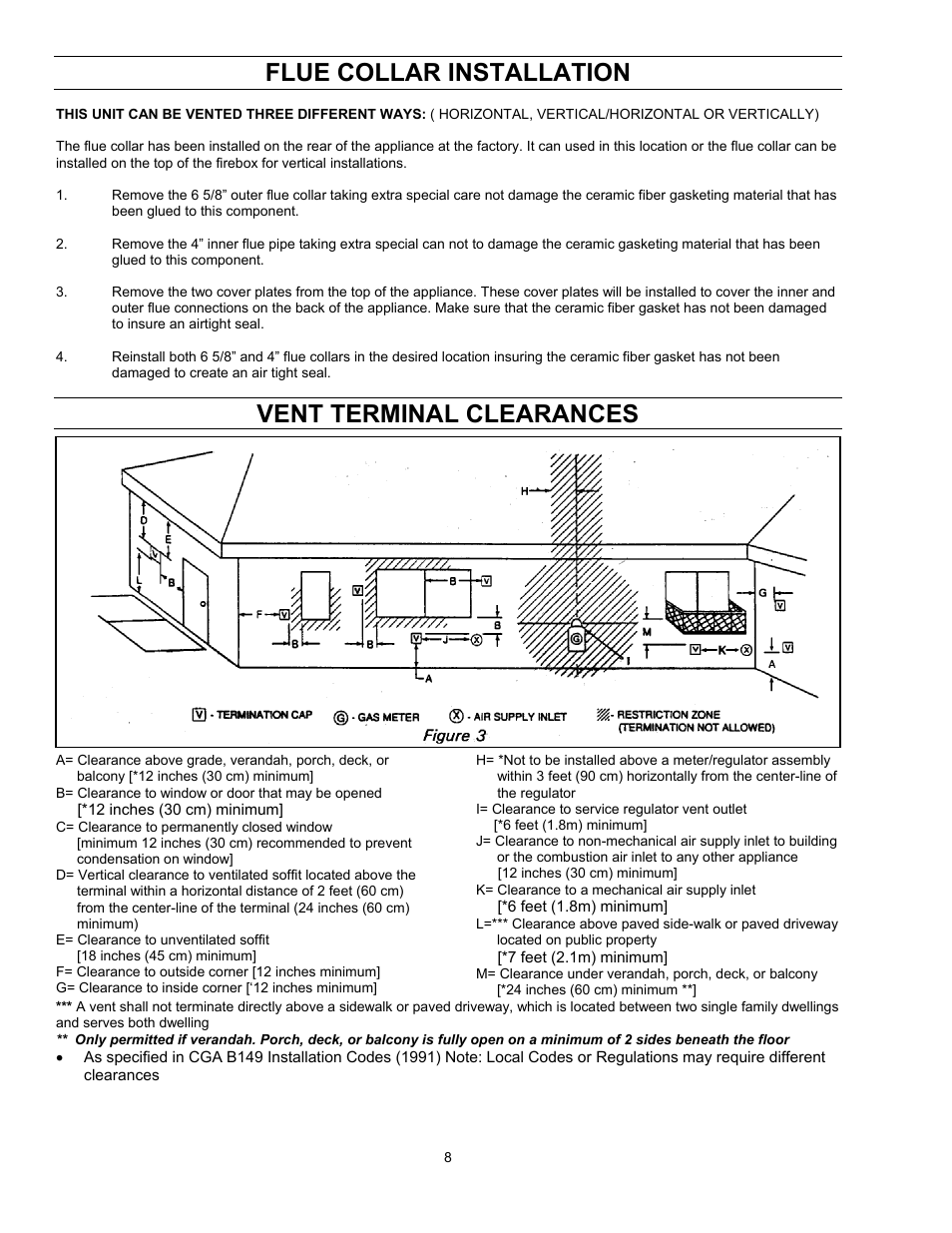 Flue collar installation, Vent terminal clearances | Enviro EG 33 User Manual | Page 8 / 22