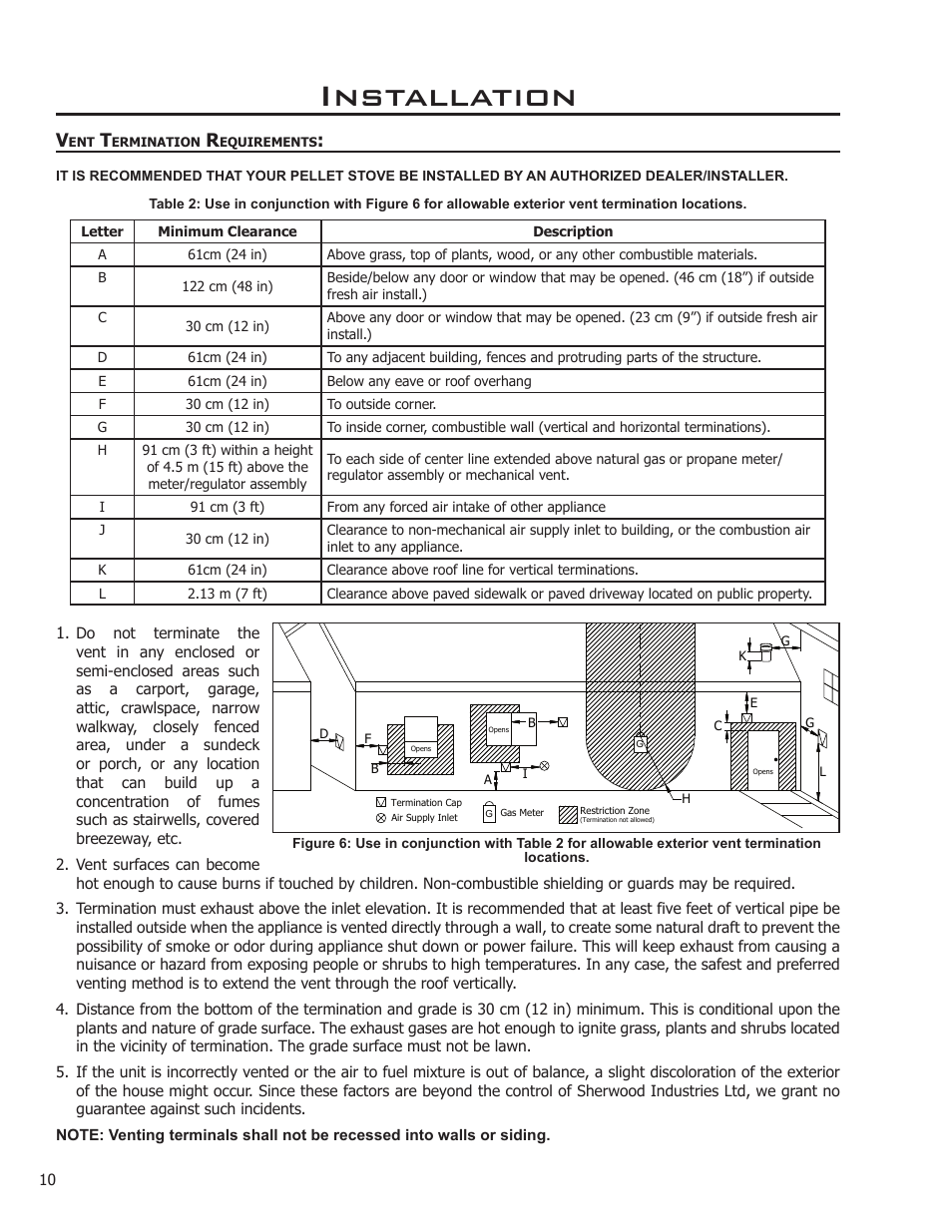 Vent termination requirements, Installation | Enviro 50-1574 User Manual | Page 10 / 30