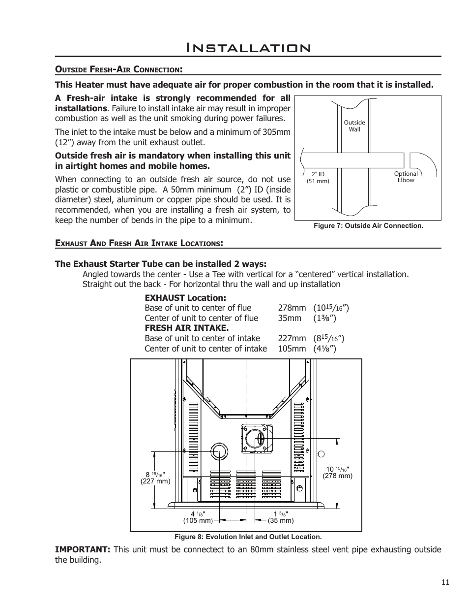 Outside fresh-air connection, Exhaust and fresh air intake locations, Installation | Enviro 50-1574 User Manual | Page 11 / 30