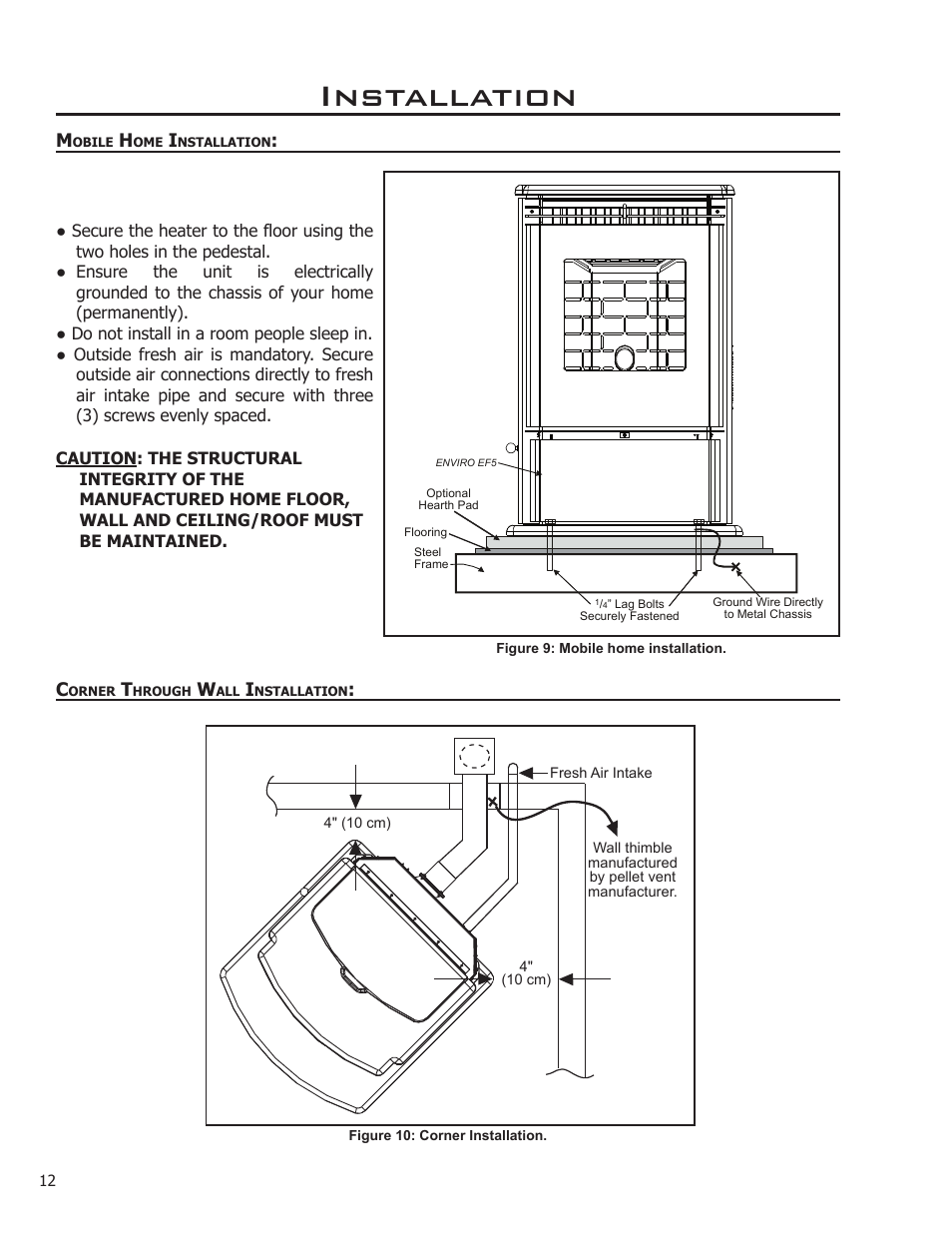 Mobile home installation, Corner through wall installation, Installation | Enviro 50-1574 User Manual | Page 12 / 30