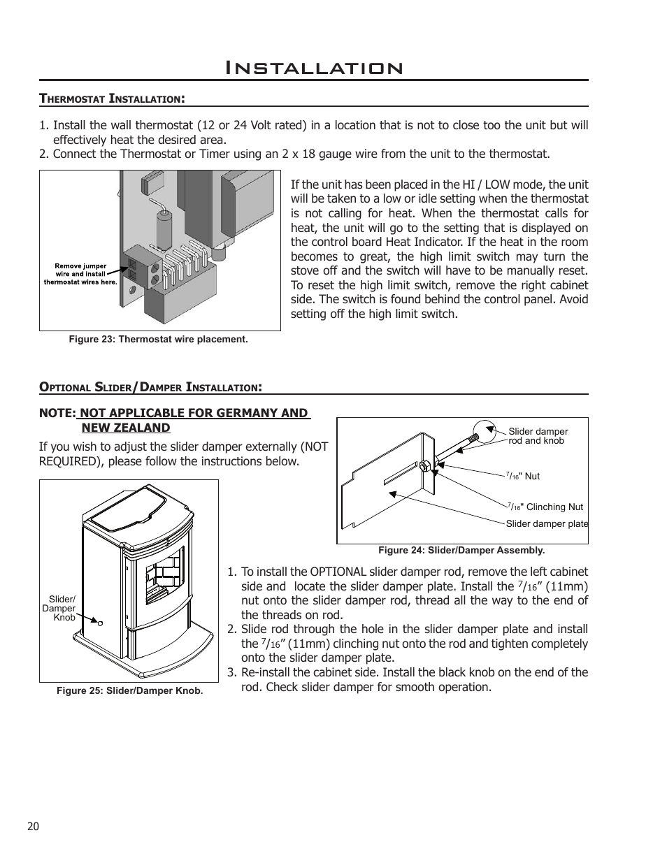 Thermostat installation, Optional slider/damper installation, Installation | Enviro 50-1574 User Manual | Page 20 / 30