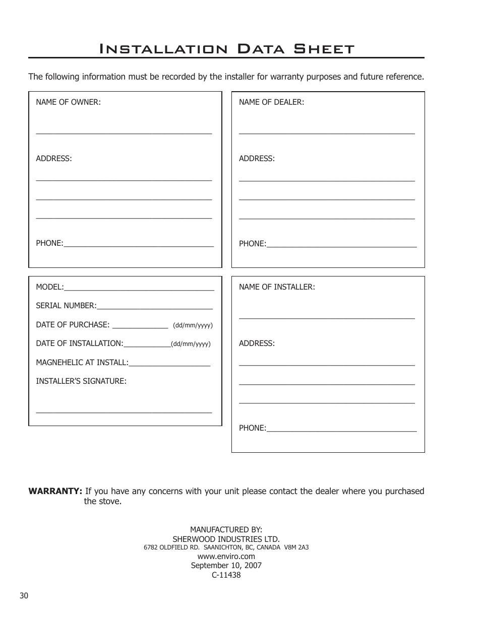 Installation data sheet | Enviro 50-1574 User Manual | Page 30 / 30