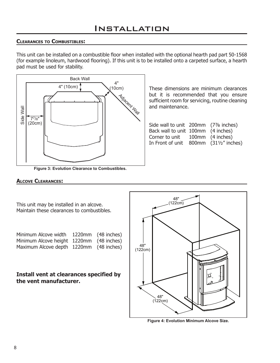 Clearances to combustibles, Alcove clearances, Installation | Enviro 50-1574 User Manual | Page 8 / 30