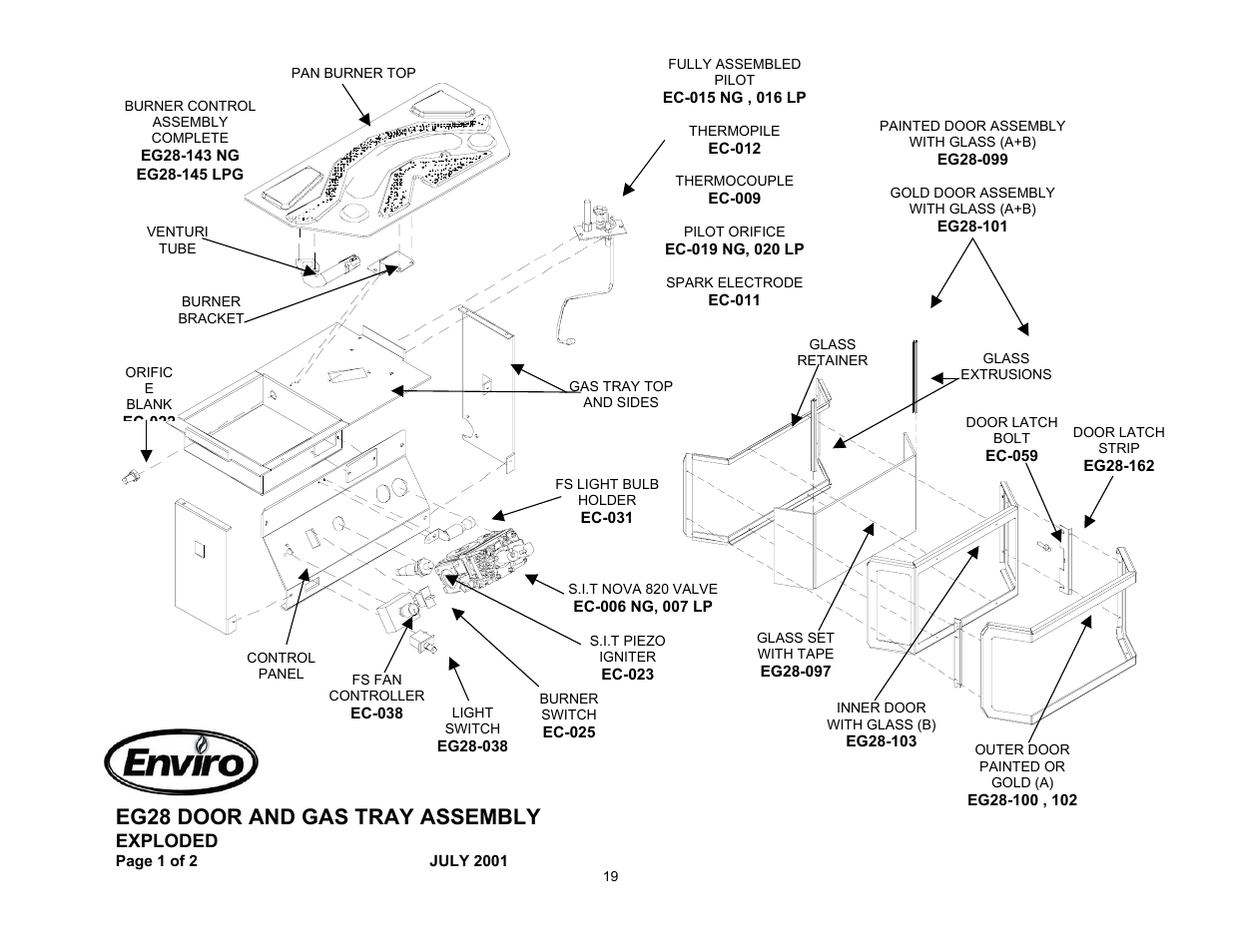 Eg28 door and gas tray assembly, Exploded | Enviro Vented EG 28 B User Manual | Page 19 / 20