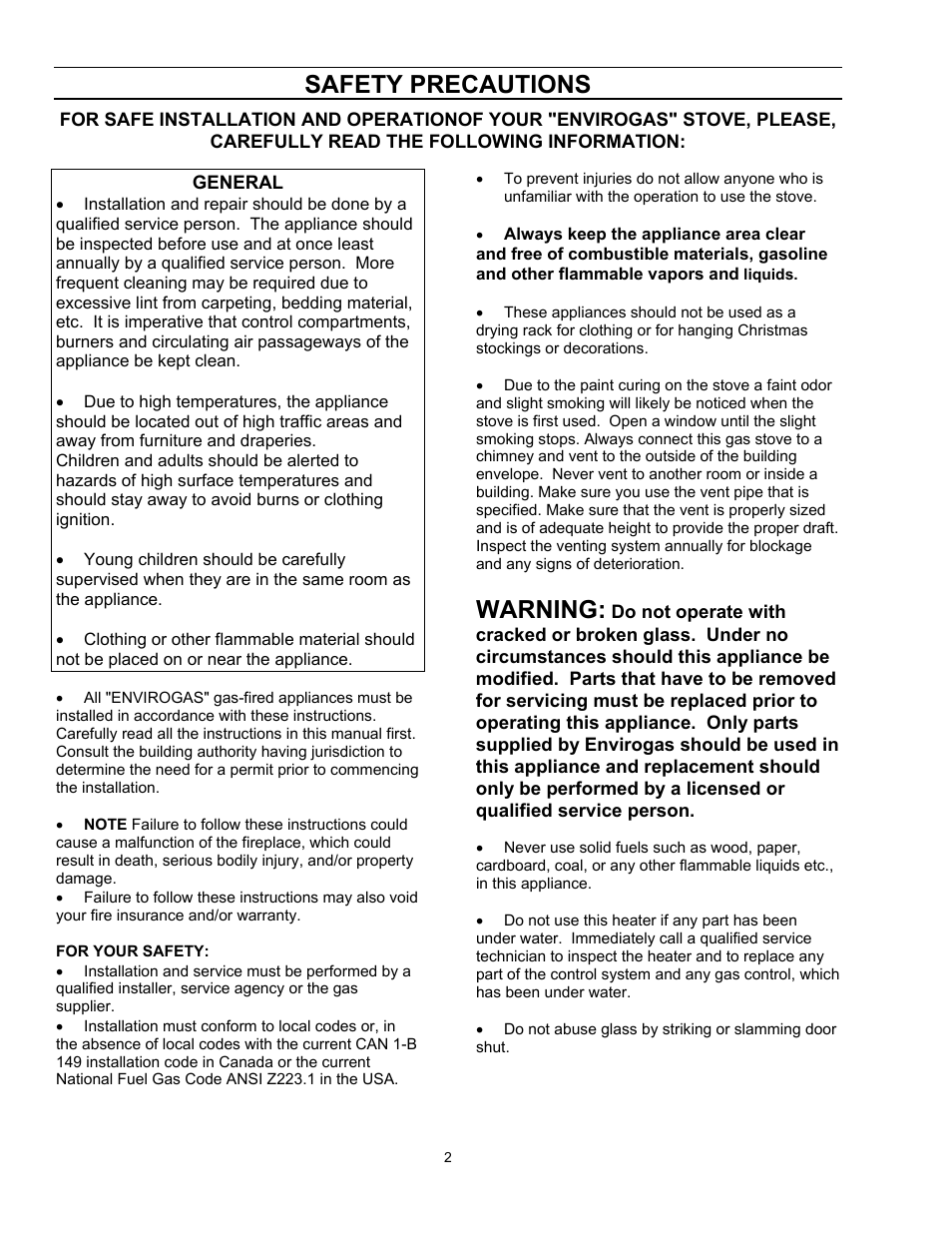 Safety precautions, Warning | Enviro Vented EG 28 B User Manual | Page 2 / 20